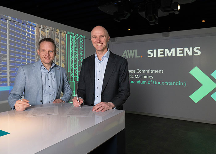 Arjen Vos (Director Strategy & Development bij AWL) en Dirk De Bilde (CEO bij Siemens). Met hun versterkte samenwerking willen AWL en Siemens tegemoet komen aan de toenemende vraag naar geavanceerde automatiseringsoplossingen in de intralogistiek.